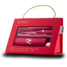 Load image into Gallery viewer, La-Tweez Pro Illuminating Tweezers Red with Diamond Dust Tips + Mirrored Case