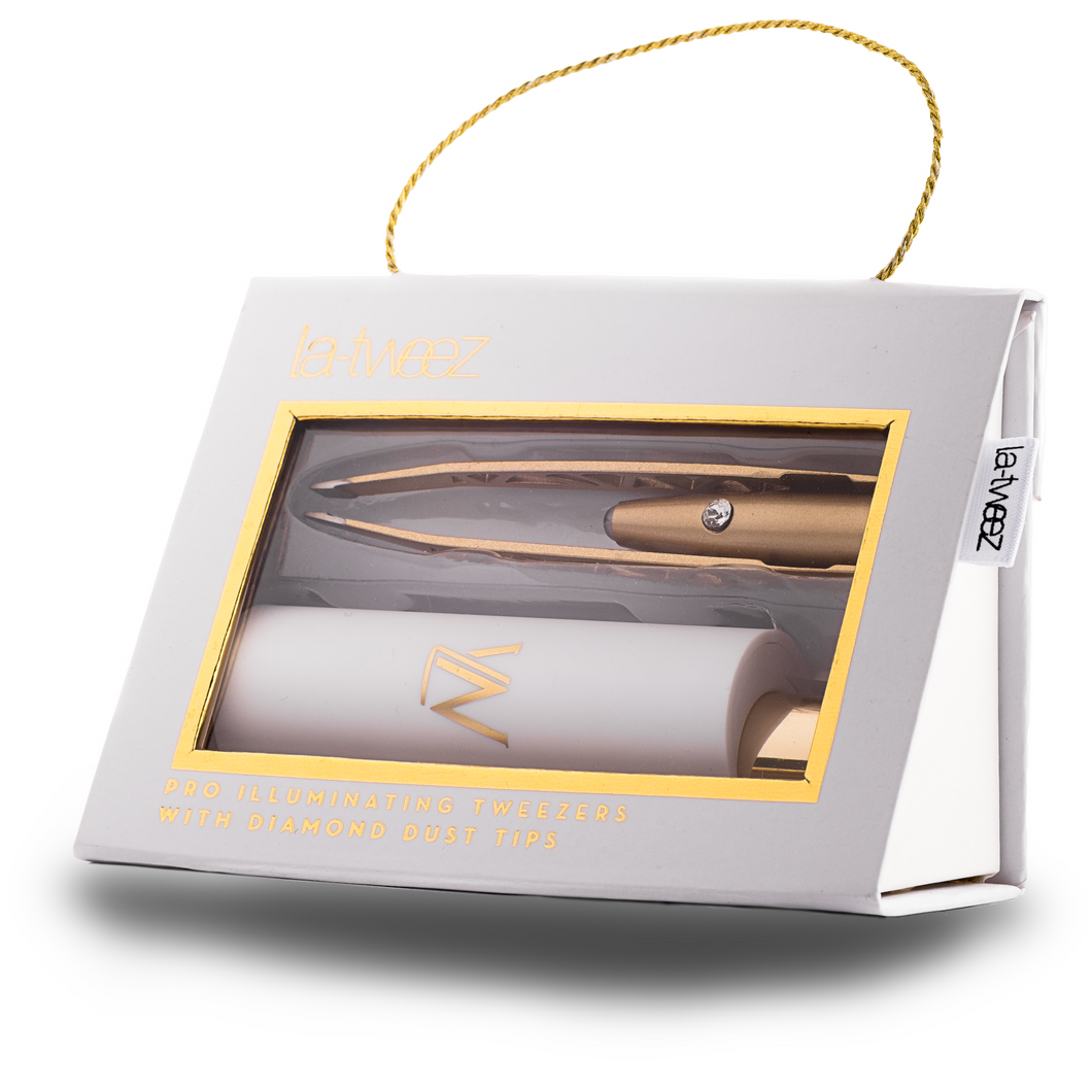 La-Tweez 24 Karat Gold Plated Pro Illuminating Tweezers With Diamond Dust Tips + Mirrored Case