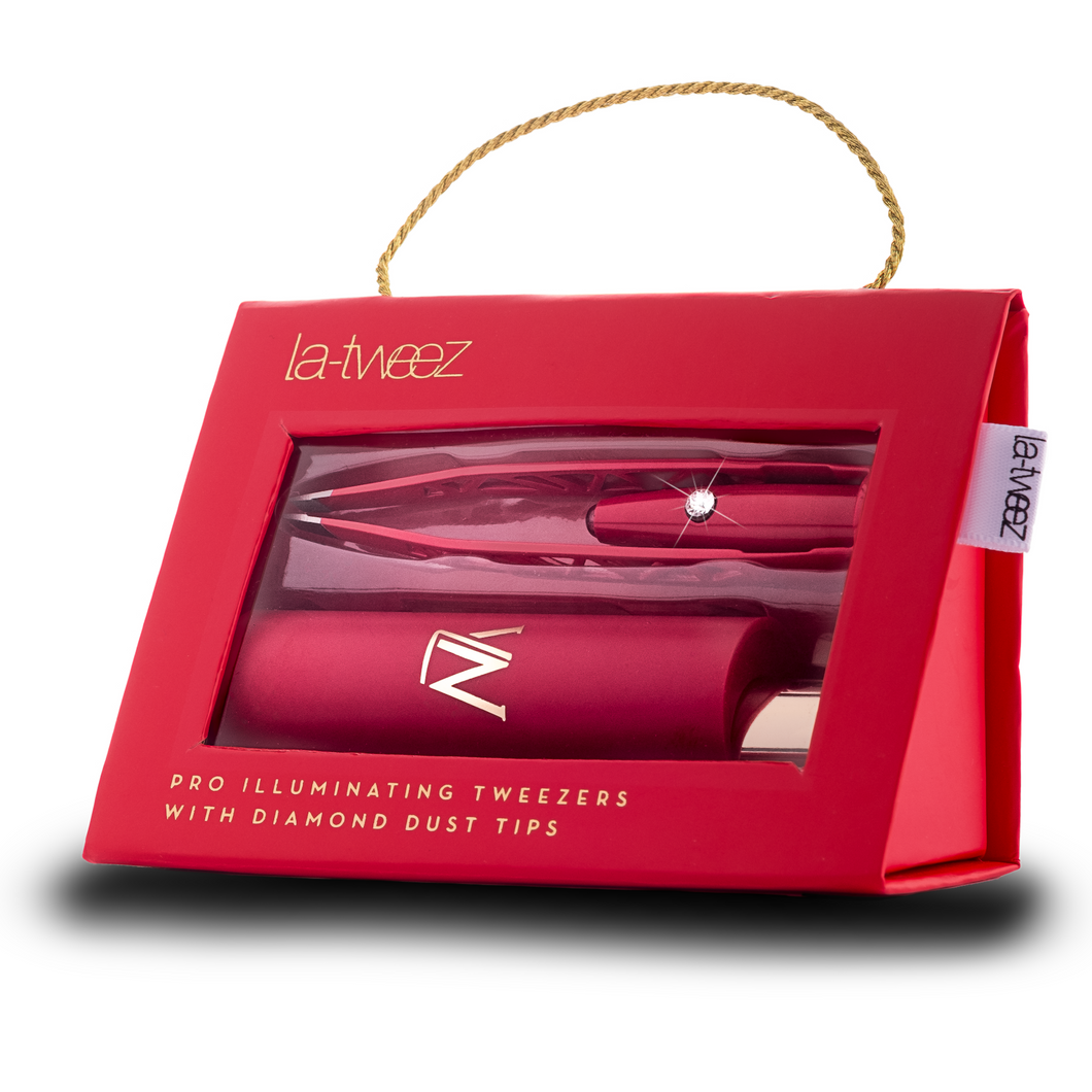 La-Tweez Pro Illuminating Tweezers Red with Diamond Dust Tips + Mirrored Case